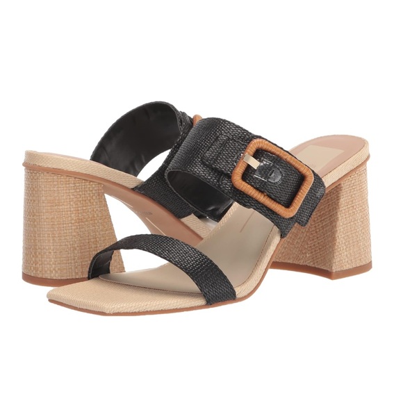 NWOT Dolce Vita Posy Heeled Block Sandals Black Rattan Raffia Size 7.5 - Picture 1 of 9